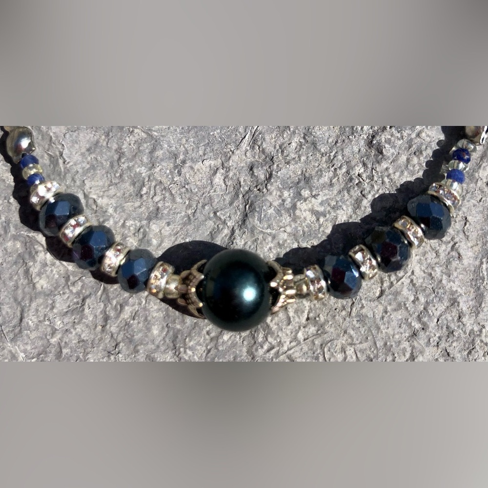 Handcrafted Navy & silver necklace-clear rhinestones silver chain upcycled  18”